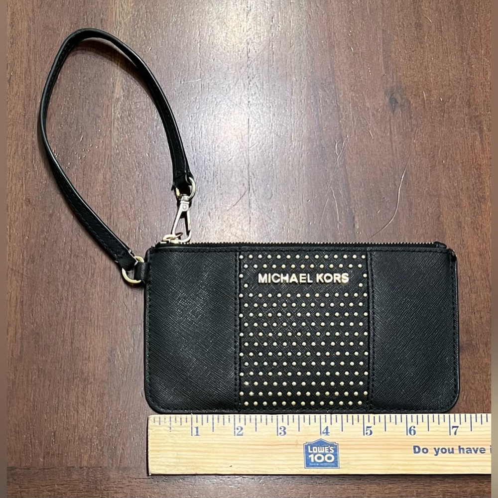 Michael Kors Jet Set Leather Black & Gold Studded Small Wristlet Wallet Clutch 🖤 - Picture 11 of 13